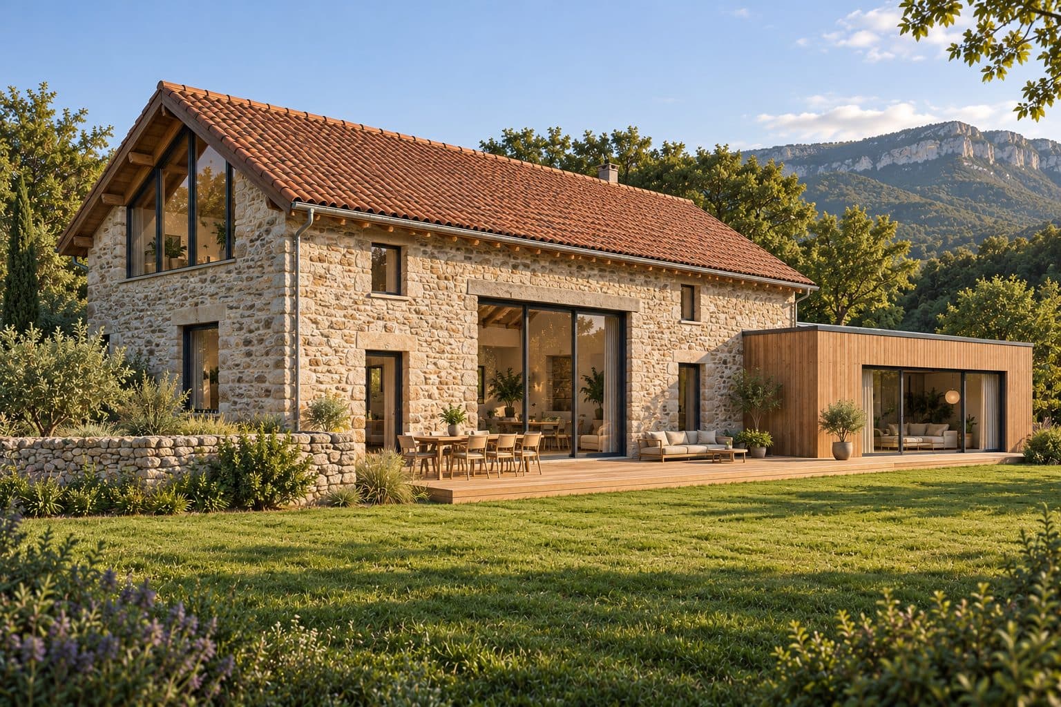 Insertion photoréaliste du projet : grange en pierre rénovée, ancienne porte charretière vitrée, toiture en tuiles refaite et extension bois à toit plat