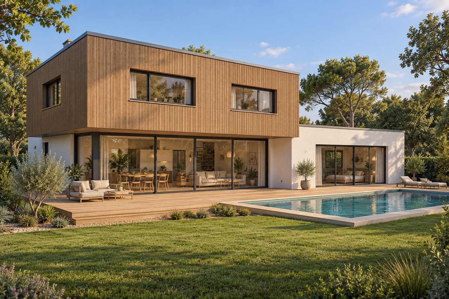 Insertion photoréaliste du projet : maison contemporaine à toit terrasse, étage en bardage bois en porte-à-faux, aile vitrée et bassin